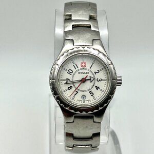 Vintage 90'Wenger Ladies Swiss Military Sports 100M White Silver Watch Working